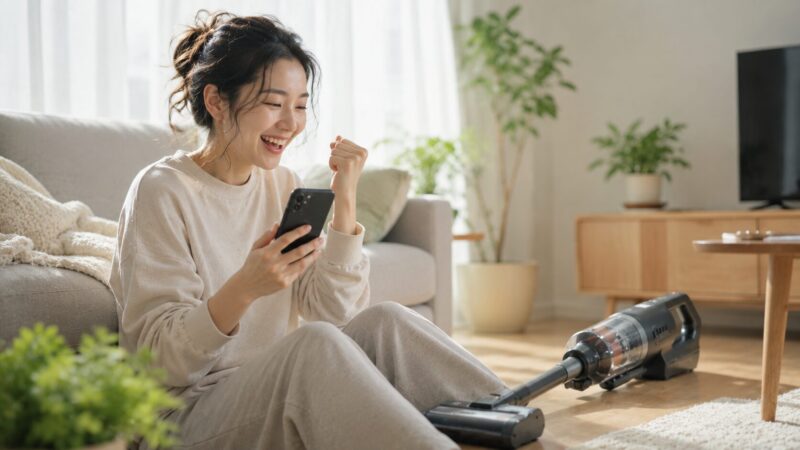 PV-BL1C4の口コミ・評判をスマホで確認して満足そうに笑顔を見せる女性と、コードレス掃除機のある明るいリビングを描いたレビューイメージ写真