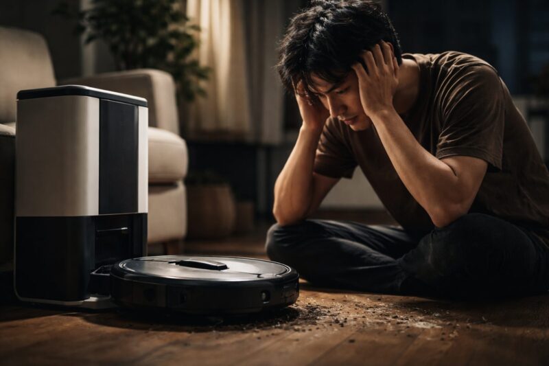 Anker Eufy Clean X8 Proの悪い評判や欠点に悩み後悔する男性とロボット掃除機