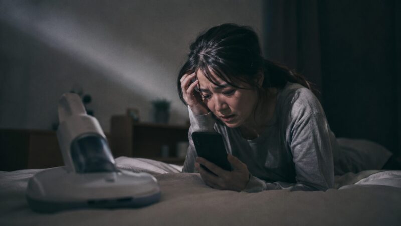 布団クリーナーIC-FAC2の口コミ・評判をスマホで調べて不安そうな表情を浮かべる女性と、ベッド上に置かれた一般的なデザインの布団クリーナーのイメージ