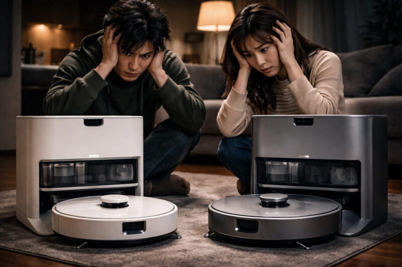 エコバックスT80SとT80の違いでどっちを買うか悩み、ロボット掃除機を前に比較して迷っている夫婦