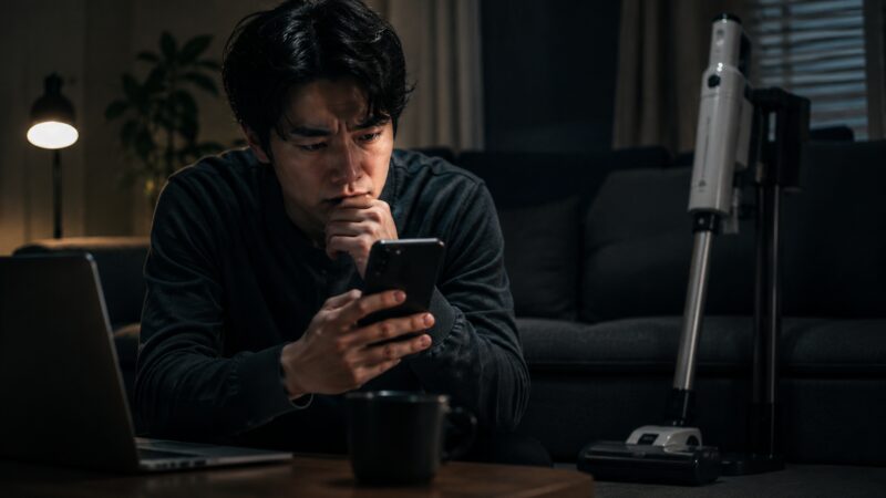 Shark LC400Jの口コミや評判をスマホで調べて購入を悩む男性