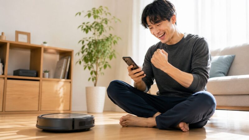 ロボット掃除機の口コミや評判をスマホで確認して満面の笑顔を見せる男性と、明るく清潔なリビングで稼働する一般的なデザインのロボット掃除機を描いた、満足感と喜びを表現する爽やかな生活シーン写真