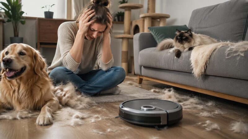 犬や猫の抜け毛を前にしてルンバに絶望している様子