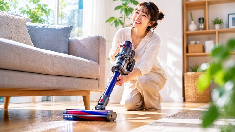 ダイソン PencilVac Fluffycones SV50 FCを快適に使いながら掃除する女性の満足度が高い使用イメージと軽量コードレス掃除機のある明るいリビング風景