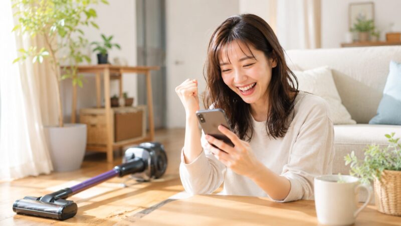 LC751Jの口コミ・評判を見て安心し、スマホを見ながら満面の笑顔を浮かべる女性と一般的なコードレス掃除機がある明るいリビングのイメージ