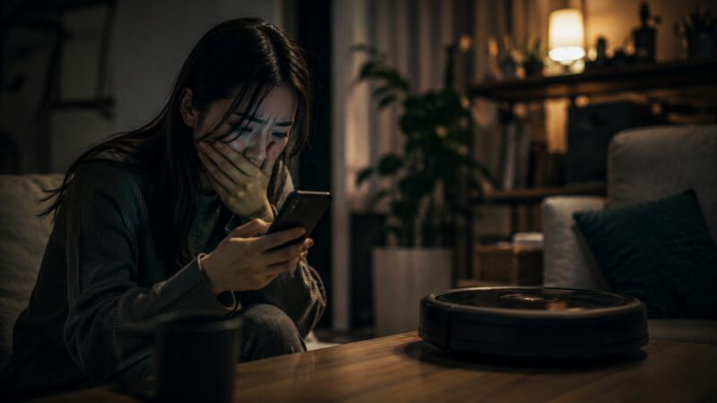 ロボット掃除機の口コミや評判をスマホで調べて購入を後悔し悩む女性と、汎用デザインのロボット掃除機を描いたMax 775 ComboとMax 715 Vacの比較FAQ向けイメージ
