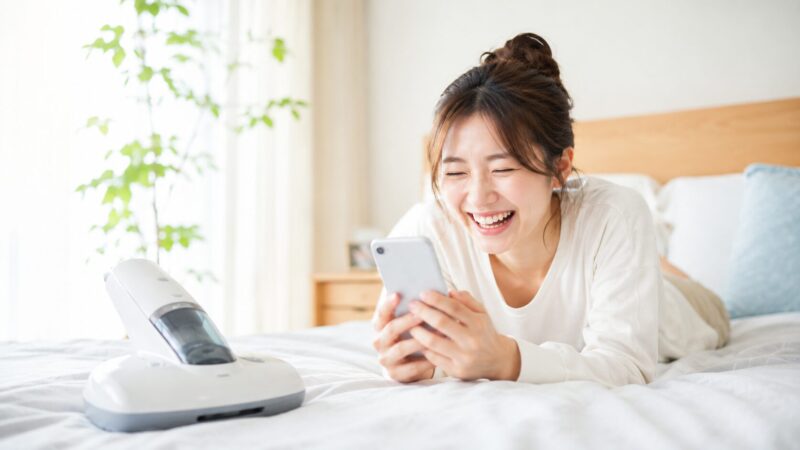 布団クリーナーIC-FAC2の口コミ・評判をスマホで見て満面の笑顔を浮かべる女性と、ベッドに置かれた一般的なデザインの布団クリーナーが明るく清潔感のある寝室に映えるイメージ