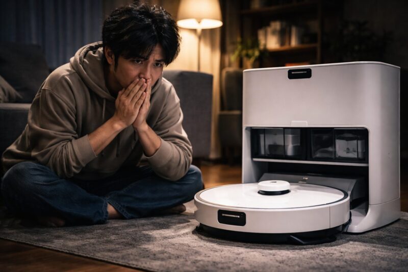 エコバックスDEEBOT T90 PRO OMNIは買いかデメリットや口コミを気にしてロボット掃除機の前で悩んでいる男性