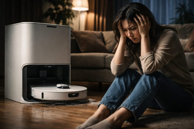 エコバックス「T50 OMNI」のロボット掃除機の前でトラブルに困り果てて後悔している女性