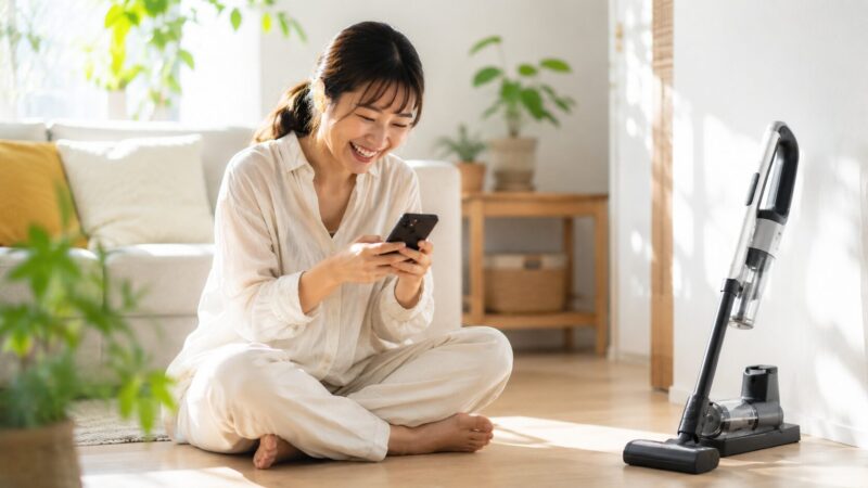 ラクかるスティック PV-BL3Mの口コミや評判をスマホで見て満面の笑顔になる女性と、明るく清潔なリビングに置かれた一般的なデザインのコードレス掃除機を描いたポジティブなイメージ