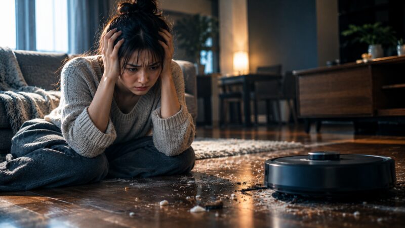 Xiaomi S20+の悪い口コミから分かったデメリットを前に、掃除がうまくいかず絶望する女性とロボット掃除機を描いたイメージ写真