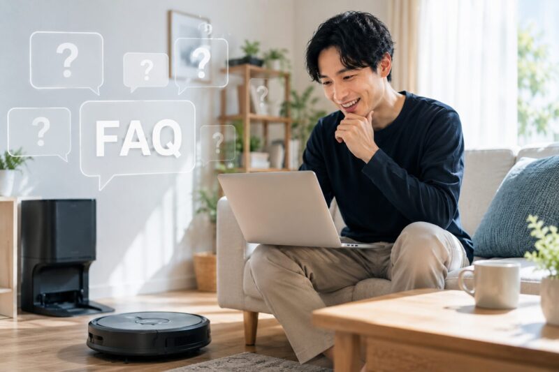 ロボット掃除機に関するFAQをパソコンで確認する男性と、明るく清潔なリビングで稼働する一般的なデザインのロボット掃除機を描いた、購入前の疑問解消や情報収集の様子を表現する爽やかな生活シーン写真