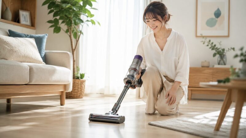 コードレス掃除機で快適に掃除をする女性を描いた、軽量掃除機の使いやすさや掃除効率の高さをイメージした画像