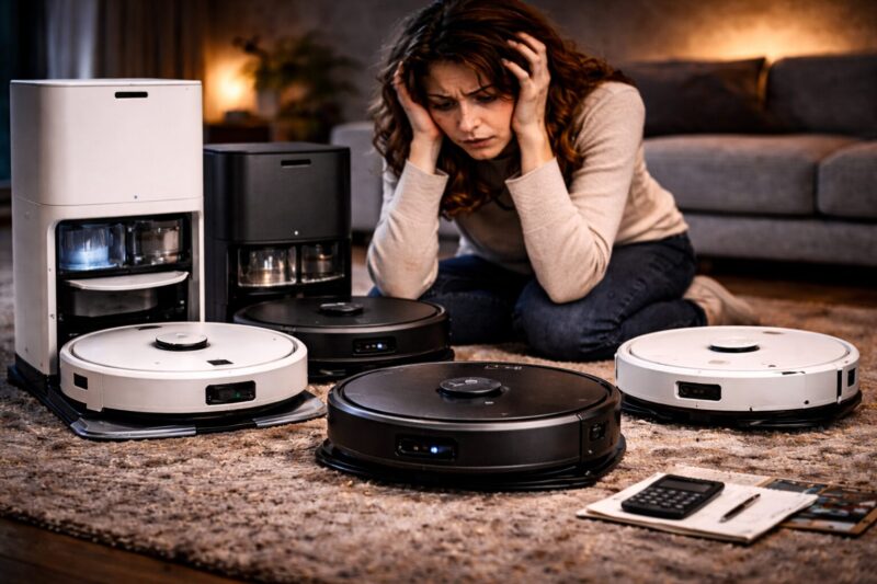 【2026最新】ロボロックのおすすめ機種をガチ比較する記事用に複数のロボット掃除機を前に悩み込む女性。