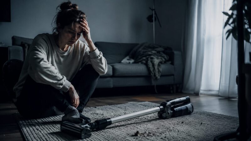 コードレス掃除機の前で頭を抱えて後悔する女性のイメージ、日立 ラクかるスティック PV-BL3Mのデメリットや口コミ・使用感を検討するレビュー記事用アイキャッチ画像